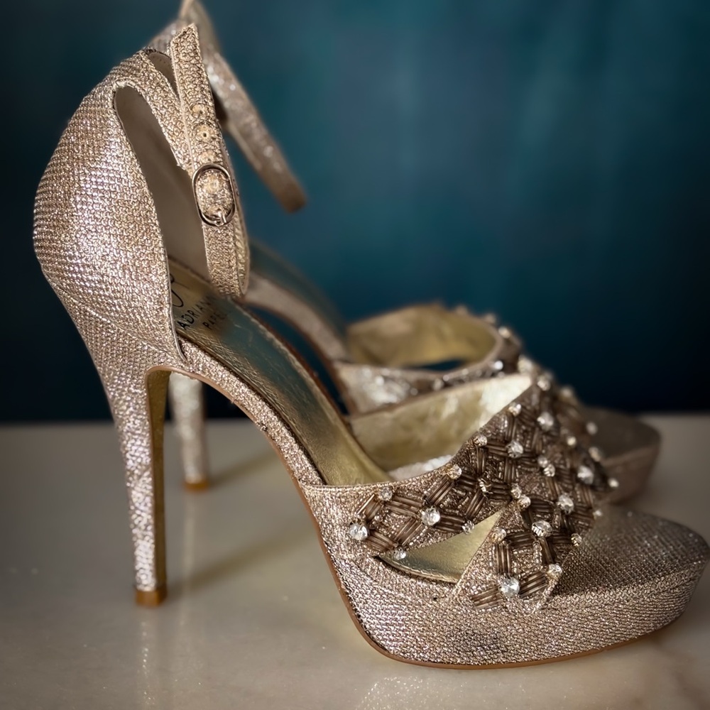 Adrianna Papell Champagne Rhinestone Platform Heels – Bridal Prom Glam